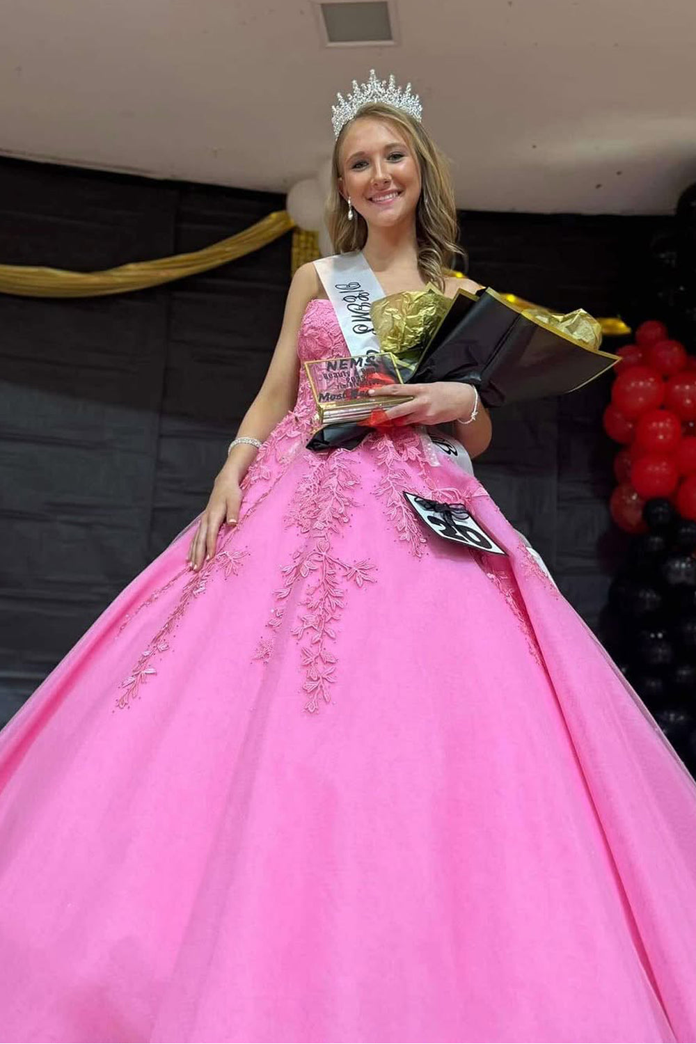 Ball Gown Strapless Pink Tulle Long Prom Drsses with Appliques VO25022401